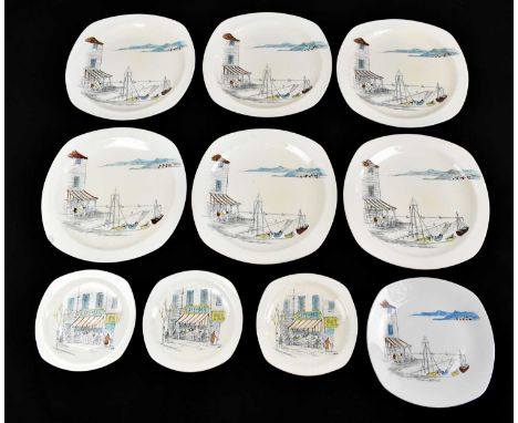 MIDWINTER; a collection of six 'Riviera' pattern plates, together with three further side plates.