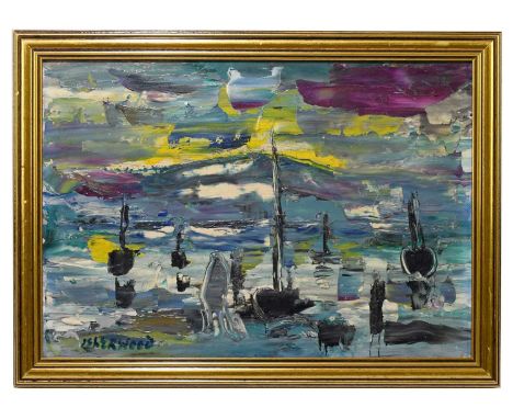 † JAMES LAWRENCE ISHERWOOD (1917-1989); oil on board, 'People at Lake', signed, 24 x 35cm, framed.Condition Report: The frame