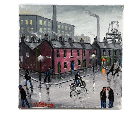 † JAMES DOWNIE (born 1949); oil on canvas, figures in street scene at pit head, signed, 30 x 30cm, unframed.Condition Report: