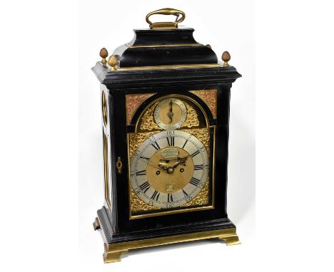 THOMAS CHAPPELL, LONDON; a George III ebonised bracket clock with four gilt acorn finials above the single glazed door with p