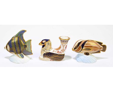 ROYAL CROWN DERBY; two animal form paperweights and a similar candlestick, comprising ‘Angel Fish’, ‘Sweet Lips’, and a Griff