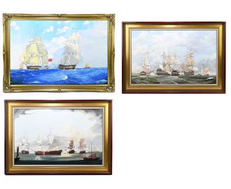JAMES COLLINSON; a pair of contemporary oil on canvas, naval ships, each signed lower right, 44 x 69.5cm, framed, with a furt