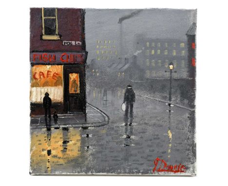 † JAMES DOWNIE (born 1949); oil on canvas, 'The Late Cafe', signed, 30 x 30cm, unframed.Condition Report: Light wear but the 