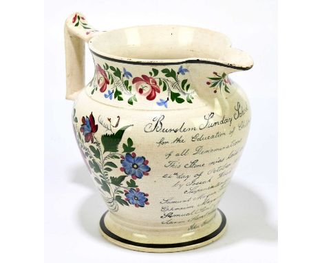 BURSLEM INTEREST; an early 19th century ceramic jug with floral decoration and painted verse ‘Burslem Sunday School – for the