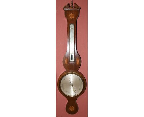 A Georgian inlaid mahogany wheel barometer, height 100cm.Condition Report: Scuffs, scratches and minor losses throughout 