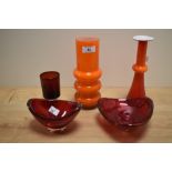 A Scandinavian orange cased glass vase of hooped form, measuring 21cm high, together with a