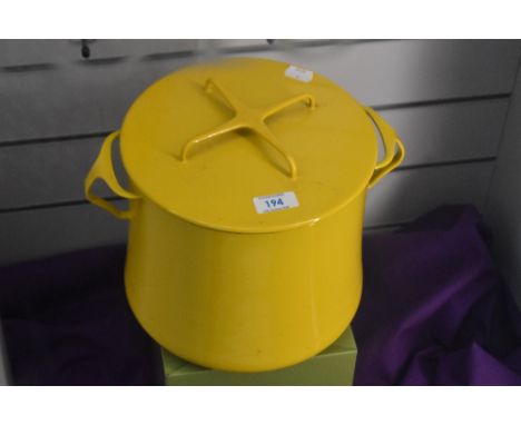 A rare vintage Dansk designs France IHQ enamelled cookware casserole pot in vibrant yellow, measures 21cm tall.