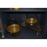 A 19th Century brass preserve pan with cast iron handle, measuring 36cm high, together with a