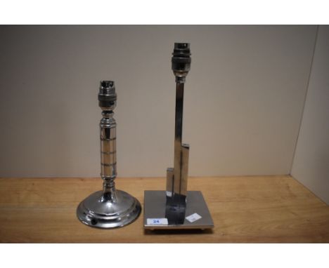 A chromed metal table lamp base of geometric form and raised on a four footed base, measuring 32cm high, together with anothe