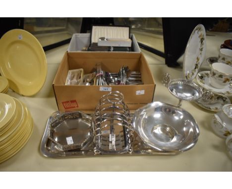 A Walker &amp; Hall six division silver-plate toast rack, 1930's silver plate octagonal bowl with sunburst design, oblong tra