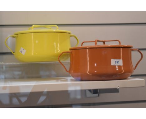 Two rare vintage Dansk designs France IHQ enamelled cookware casserole dishes, in vibrant burnt orange and yellow both measur