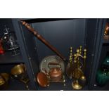 A Victorian copper and brass fireside kettle, measuring 30cm high, together with a selection of