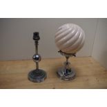 An Art Deco chromed table lamp with pink swirl glass shade, measuring 28cm high, and a separate