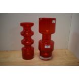 A 1970s Riihimaki Finish red glass vase, of hooped form and measuring 28cm high, together with