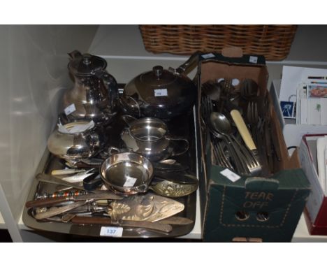 An assorted selection of silver plated ware, to include a four piece coffee and tea service, flatware, and a Dunington silver