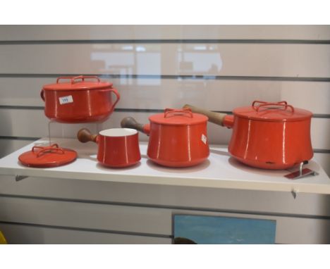 A rare vintage Dansk designs France IHQ enamelled cookware casserole dish in chili red measuring 10cm tall sold alongside thr