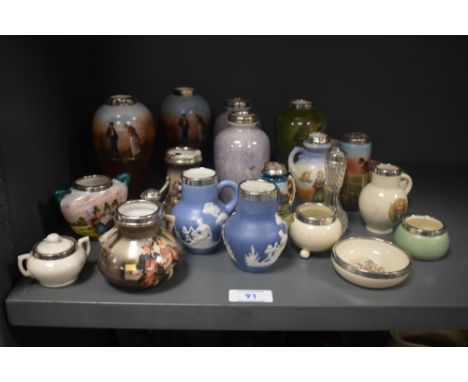 A selection of miniature silver mounted ceramics, to include vases and trinket dishes