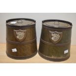 A pair of early 20th Century J. & J. Coleman mustard tin barrels, lithographed in a coopered
