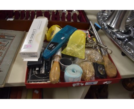 An assortment of jewellery making and gemmology items, including loupes, ring sizers, ring size measurement rings, scales and