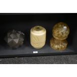 An early 20th Century Chameleon Ware lamp base with two moulded glass light shades