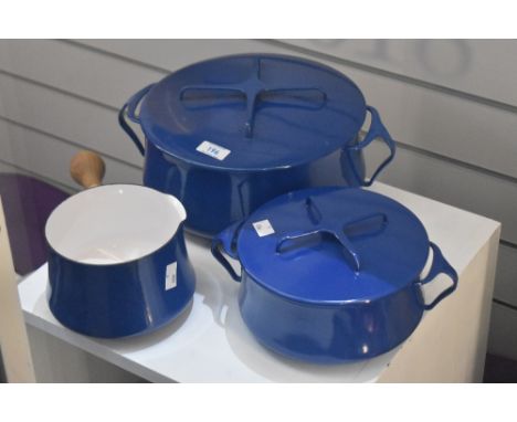 A large rare vintage Dansk designs France IHQ enamelled cookware casserole dishes in dark blue measuring 12cm tall sold toget