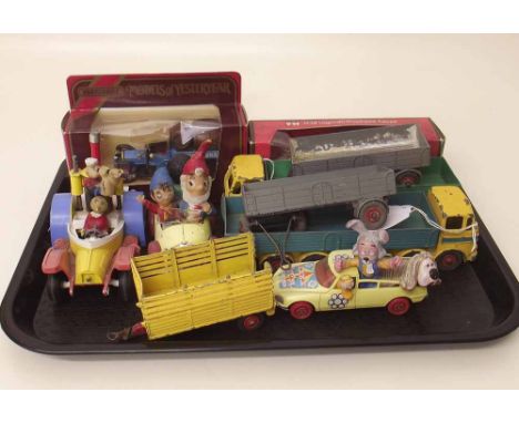 Two Dinky supertoy Layland Octopus flat bed wagons, Corgi Popeye paddle wagon, Noddy's car, Magic Roundabout car etc Conditio