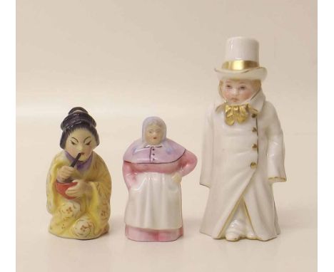 Three Royal Worcester candle snuffers modelled as a Geisha, Famers wife (or French Cook) the third modelled as a boy wearing 