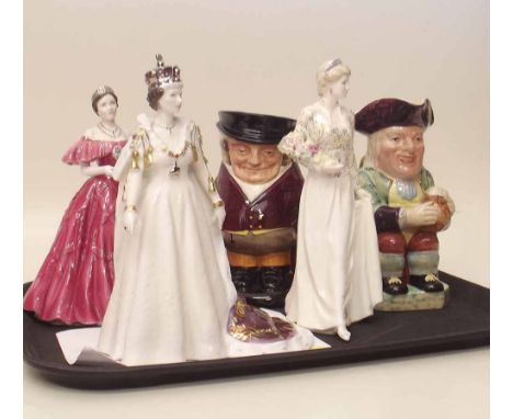 Royal Worcester Queen Mother also queen Elizabeth ii together with a coalport figure of Diana, Royal Doulton Huntsman, Toby j