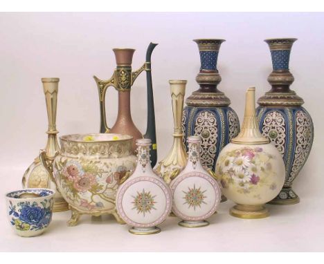 PR. Mettlach, Royal Bonn - Jardinier and 2 vases, 3 Royal Worcester vases and ewer (Restorers Condition report: see terms and