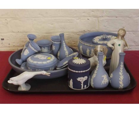 Quantity of Wedgwood Jasper ware, two Lladro figures, Nao dog, Ruskin style dish. Condition report: see terms and conditions.