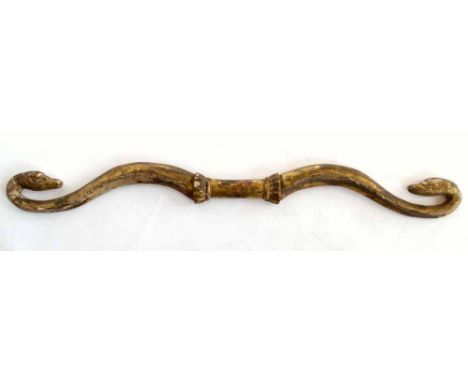Neo-classical gessoed giltwood architectural pelmet in the form of a double swan necked arbalete, length 130cm. Condition rep