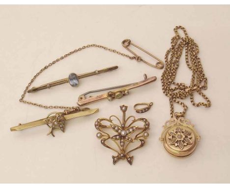 Thee 9ct gold bar brooches (metal pins); 15ct gold seed pearl pendant; unmarked circular locket on unmarked chain. Gross weig