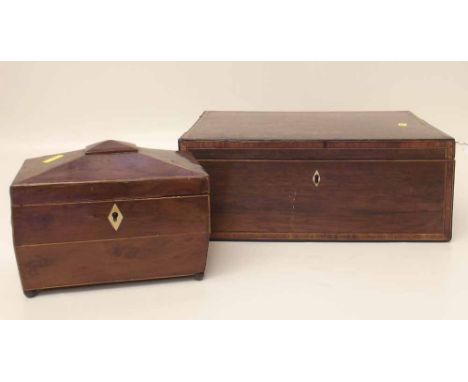Rosewood sewing box with filled interior and a George III yew wood veneered tea caddy Condition report: see terms and conditi