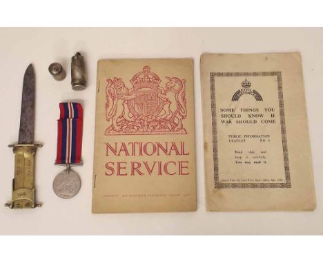 Best steel No.6 folding trench knife, WW2 campaign medal, trench art shell case lighter and two civil defence leaflets Condit