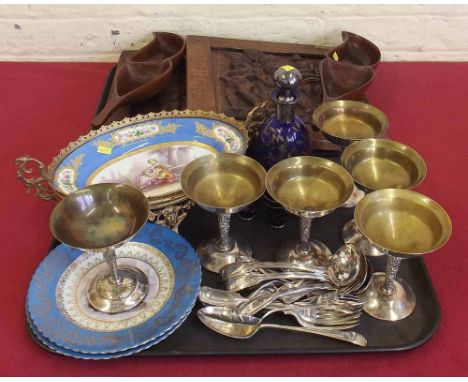 Six EPNS wine saucers, various EPNS cutlery, blue glass liquor set, two Austrian plates and a matching comport, pair of hardw