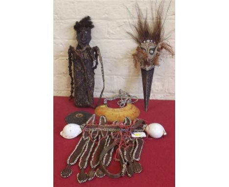 Papua New Guinea Sepik River figure in woven basket, also a mask on spike a pectoral ornament possibly Bena Bena people a pea