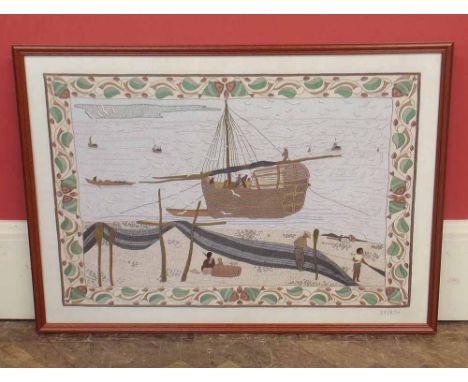 Large framed silk embroidered tapestry 'Fisherman at the Shore' Condition report: see terms and conditions.