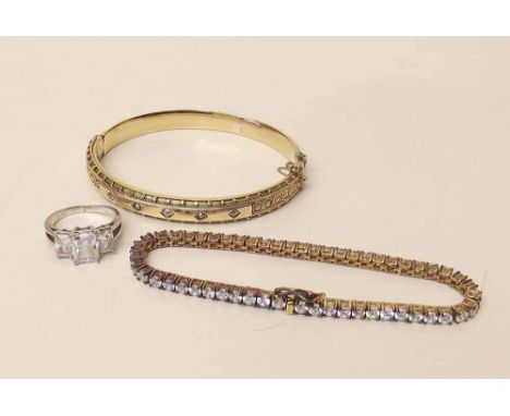 15ct gold hinged bangle set with seed pearls and diamonds; CZ line bracelet, three-stone ring. Condition report: see terms an