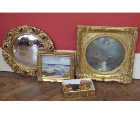 Gilt framed print depicting mountainous moonlight scene, gilt mirror and modern 3D picture Condition report: see terms and co
