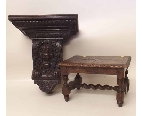 Heavily carved oak wall bracket and small barley-twist oak stool Condition report: see terms and conditions.
