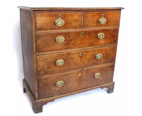 George III oak chest of two short and three long drawers, top with walnut cross banding and ogee mould, original steel locks,
