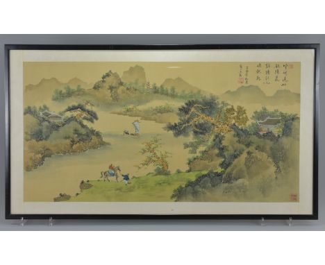 A large framed and glazed Chinese painting on silk dated 1981 of man running with horse, fishing boat in mountain scene. Sign