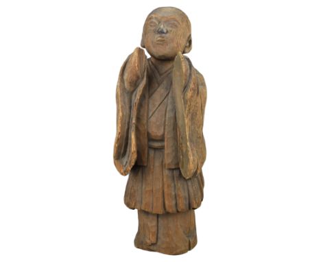 An Unusual Japanese Wooden Figure of a Priest. Edo Period, 18th Century. The priest with his head and hands raised in supplic