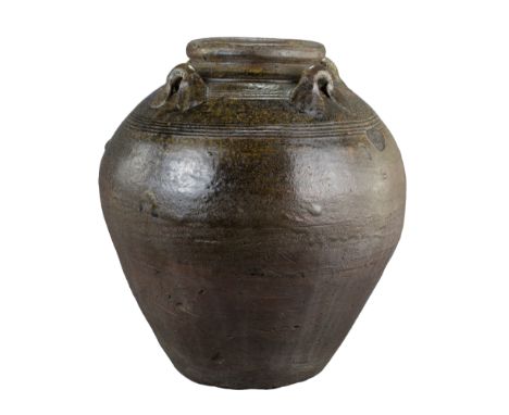 A Fine Large Chinese / SE Asian Martaban Jar 13th – 15th Century. Heavily-potted with bands of decorative incised lines aroun