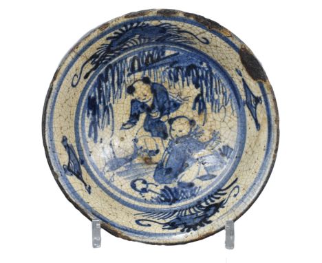 A Rare Japanese 19th century Blue &amp; White Signed Stoneware Bowl – Boys Pattern. The underglaze blue decoration featuring 