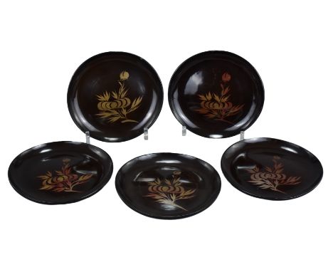 A Set of Five Japanese Lacquered Wood Dishes, Ex. Janet / Bernard Leach Collection. Each decorated with a floral pattern. Dia