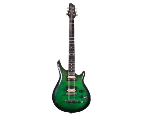 1994 Patrick Eggle Berlin Pro hardtail electric guitar, made in England; Finish: green burst, many blemishes and scratches; F