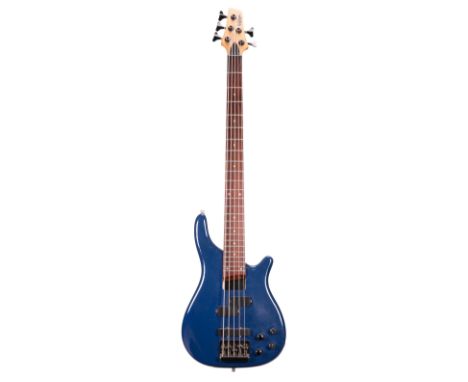 JHS Vintage five string bass guitar; Finish: blue, many scratches; Fretboard: rosewood; Frets: good; Electrics: working; Hard