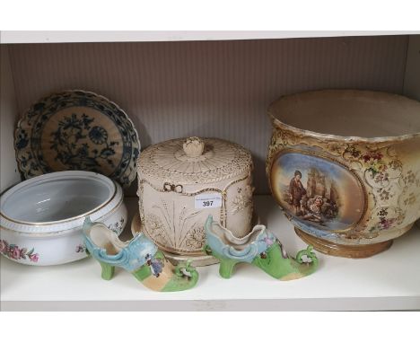 Shelf of collectables. Includes victorian porcelain planter, victorian cheese dish with cover, Oriental blue white scalloped 