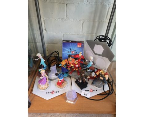 Shelf Of Playstation 3 Disney infinity figures with game and game ports. 